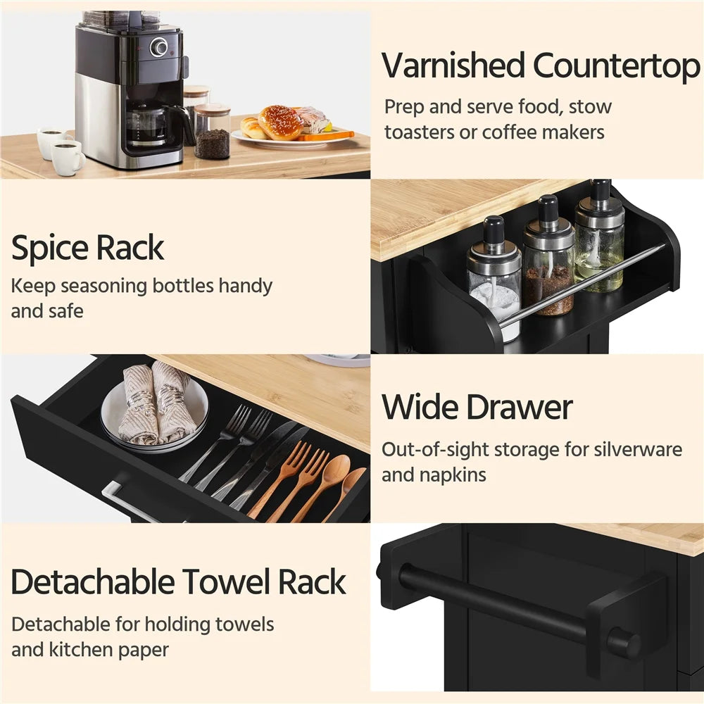 Rolling Kitchen Storage Carts with Towel Rack, MDF Black, 23.6 In