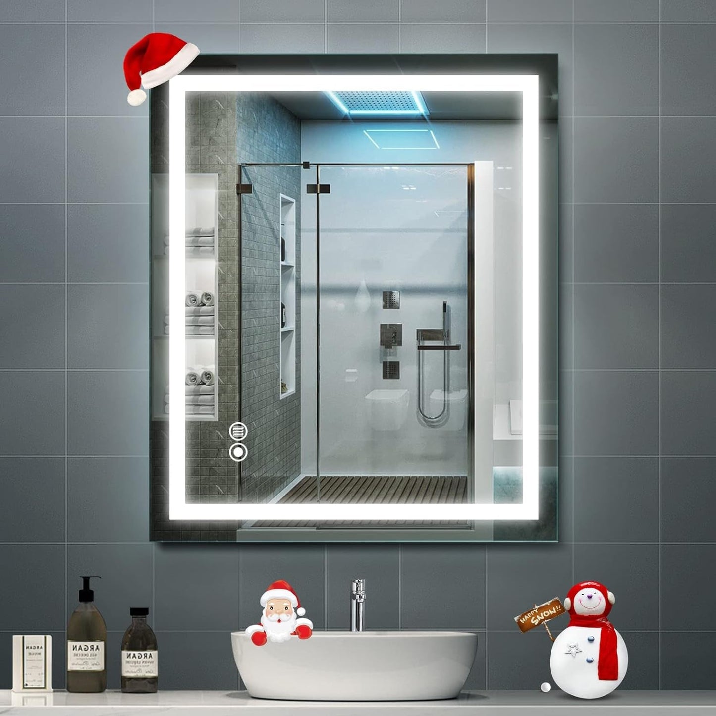 LED bathroom mirror with anti-fog, dimmable light, and touch screen control, 32x24 inch.
