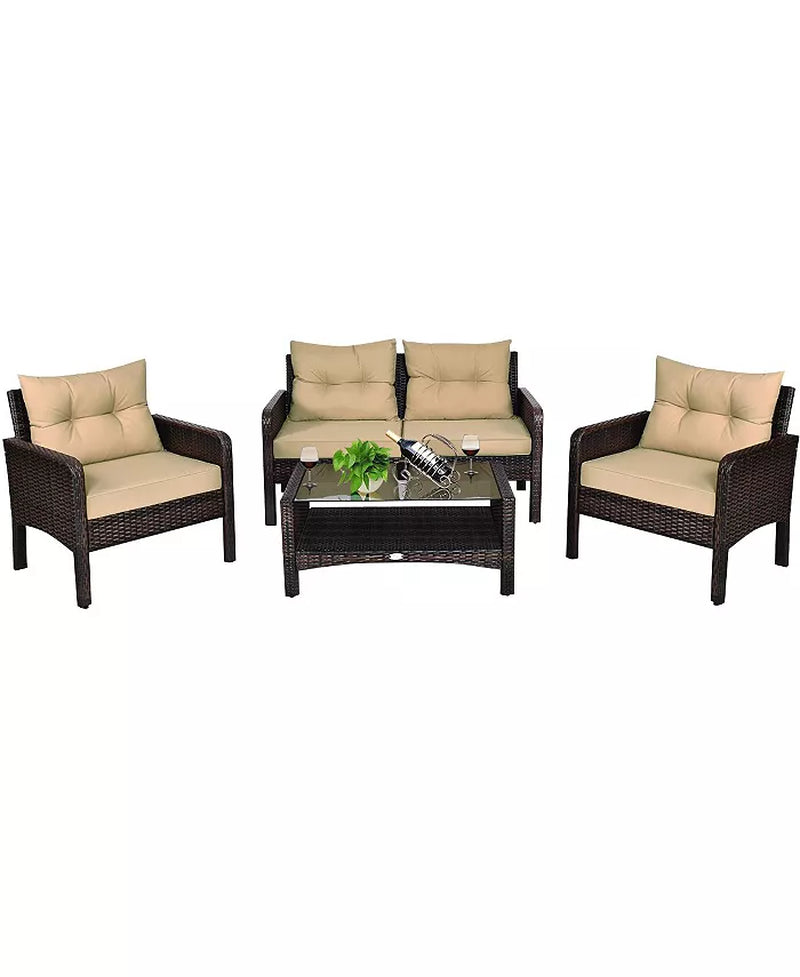 4PCS Rattan Patio Furniture Set with Loveseat Sofa Chairs Coffee Table