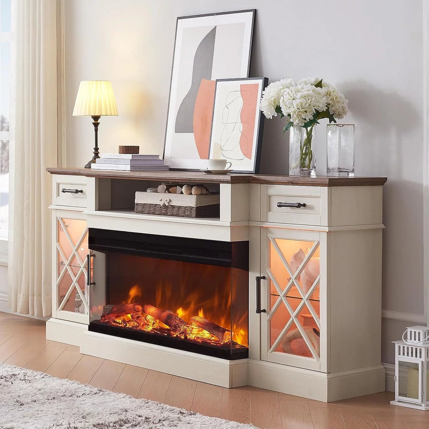 3-Sided Glass Farmhouse 70" Fireplace TV Stand in antique white, featuring barn door elements, adjustable shelves, and a 36-inch electric fireplace.