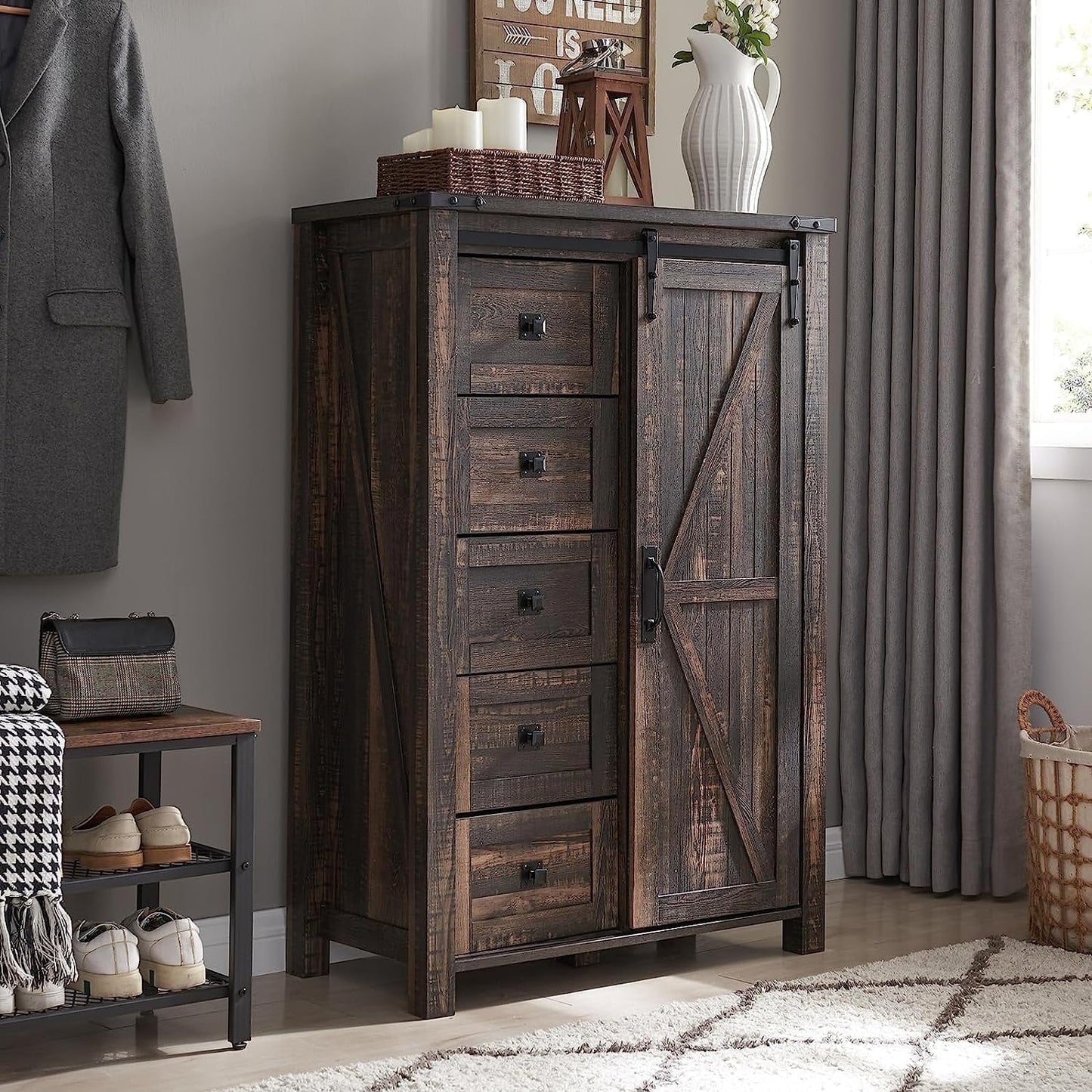 Modern farmhouse 5-drawer dresser with barn door in dark rustic oak, adjustable storage cabinet.