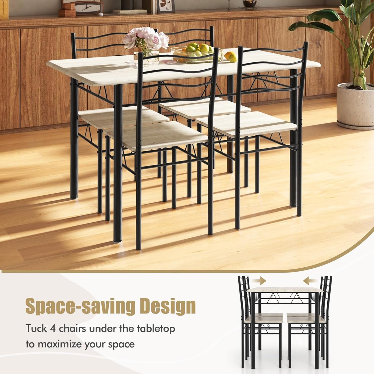 Dining Table Set for 4, 5-Piece Kitchen Table Chairs Set of 4, Breakfast Nook with Kitchen Table, 4 Dining Chairs, Metal Frame, Space-Saving Dinette Table Set for 4, Small Space, Apartment