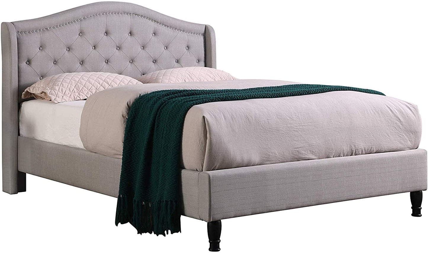 Queen size LIFE Home Platform Bed in light grey linen with slats and tufted headboard.
