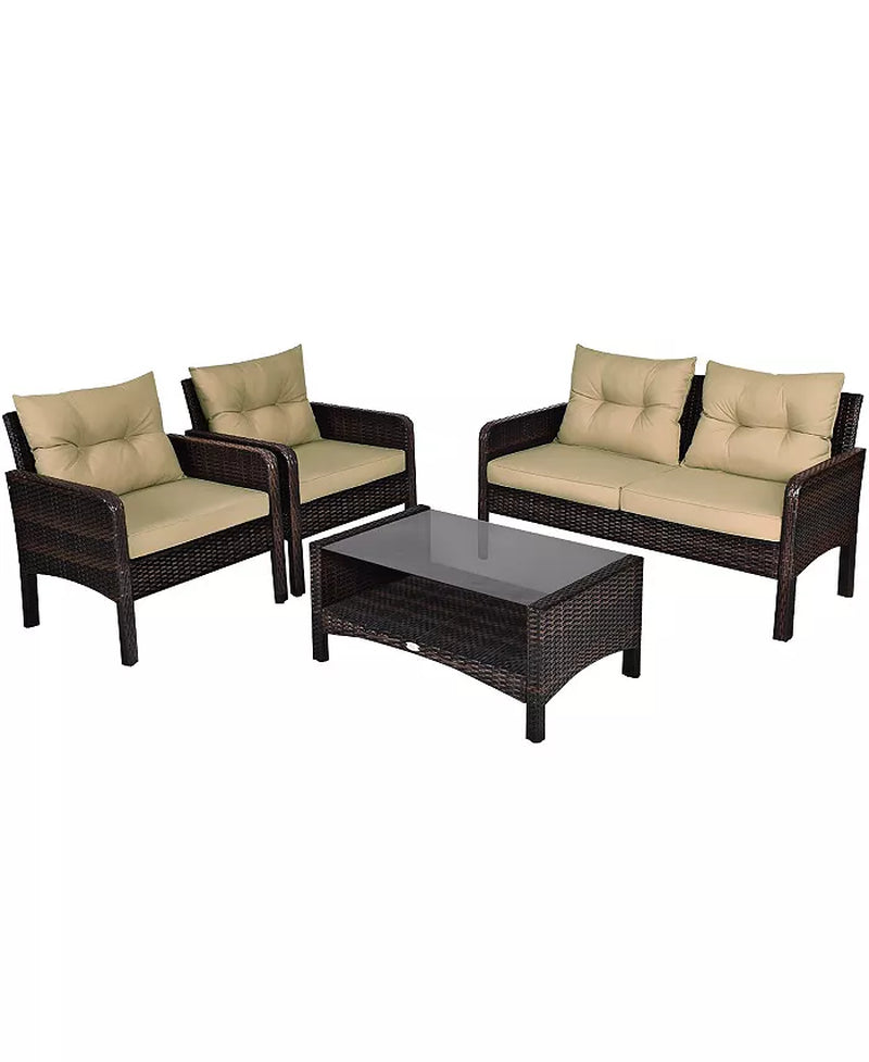 4PCS Rattan Patio Furniture Set with Loveseat Sofa Chairs Coffee Table