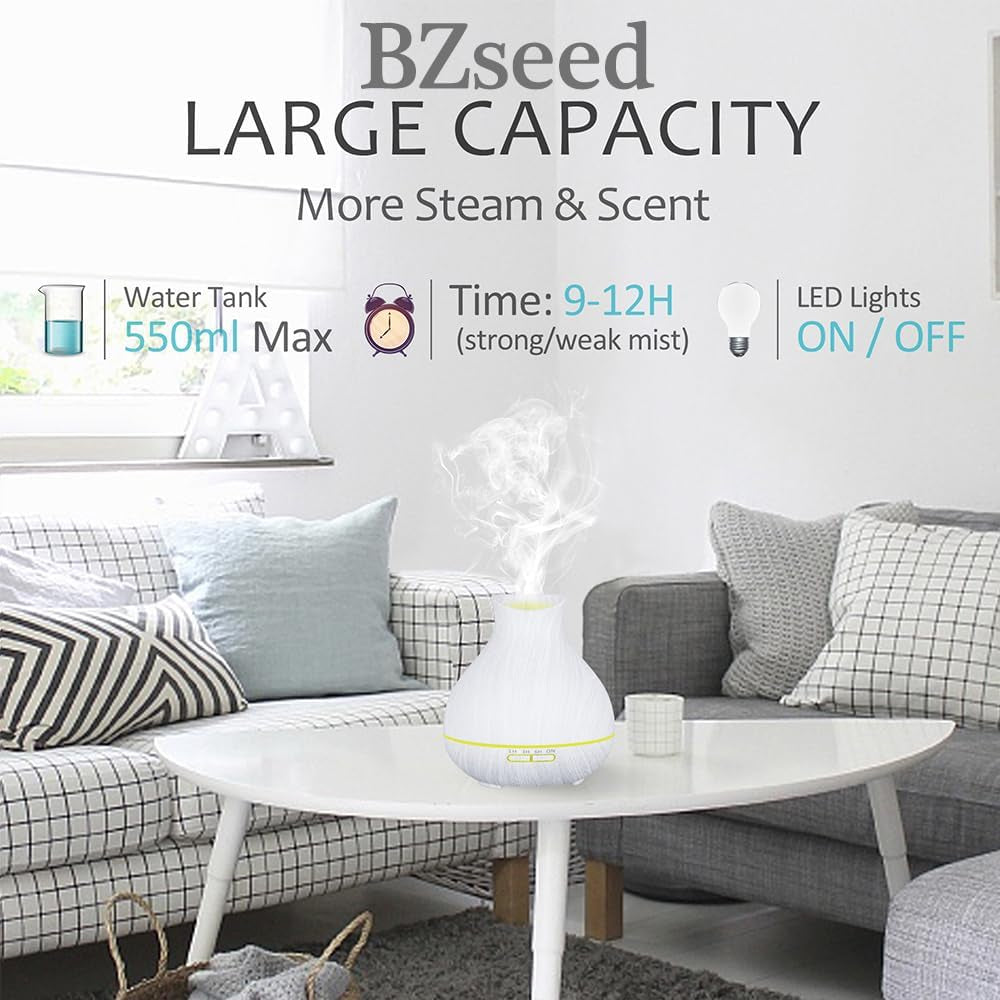 Aromatherapy Essential Oil Diffuser 550Ml 12 Hours White Wood Grain Aroma Diffuser with Timer for Large Room, Home, Baby Bedroom, Waterless Auto Shut-Off, 7 Colors Lights Changing
