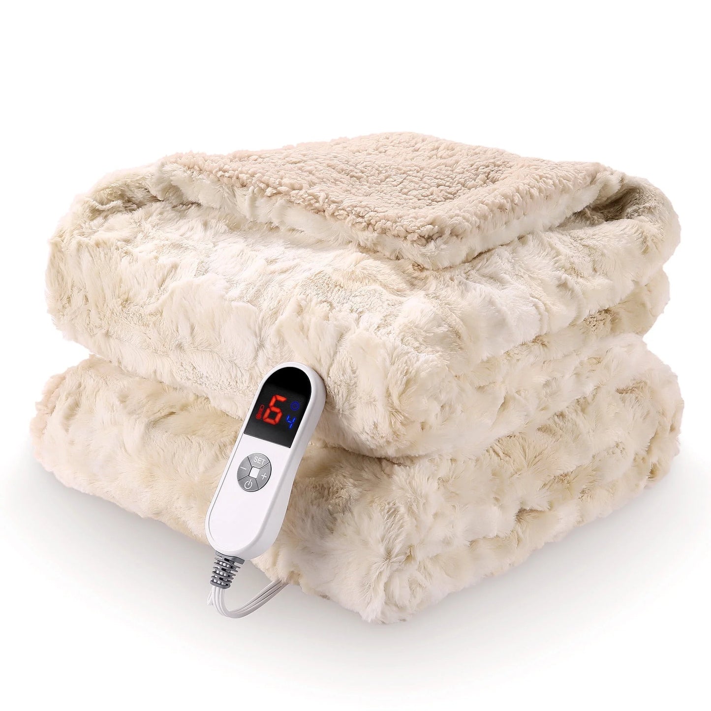Soft faux fur heated blanket, 50" x 60", tie-dye off white, with large LED display and remote for 6 heat levels and 4-hour timer.