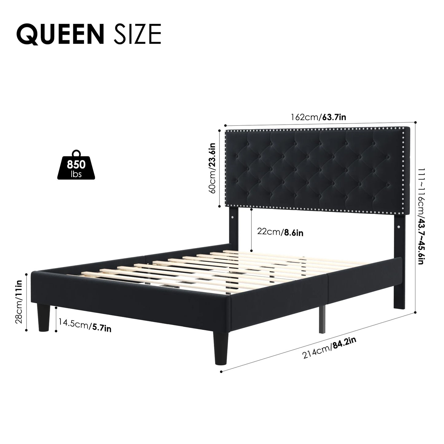 Queen Size Bed, Upholstered Bed Frame with Button Tufted Adjustable Headboard for Bedroom, Black