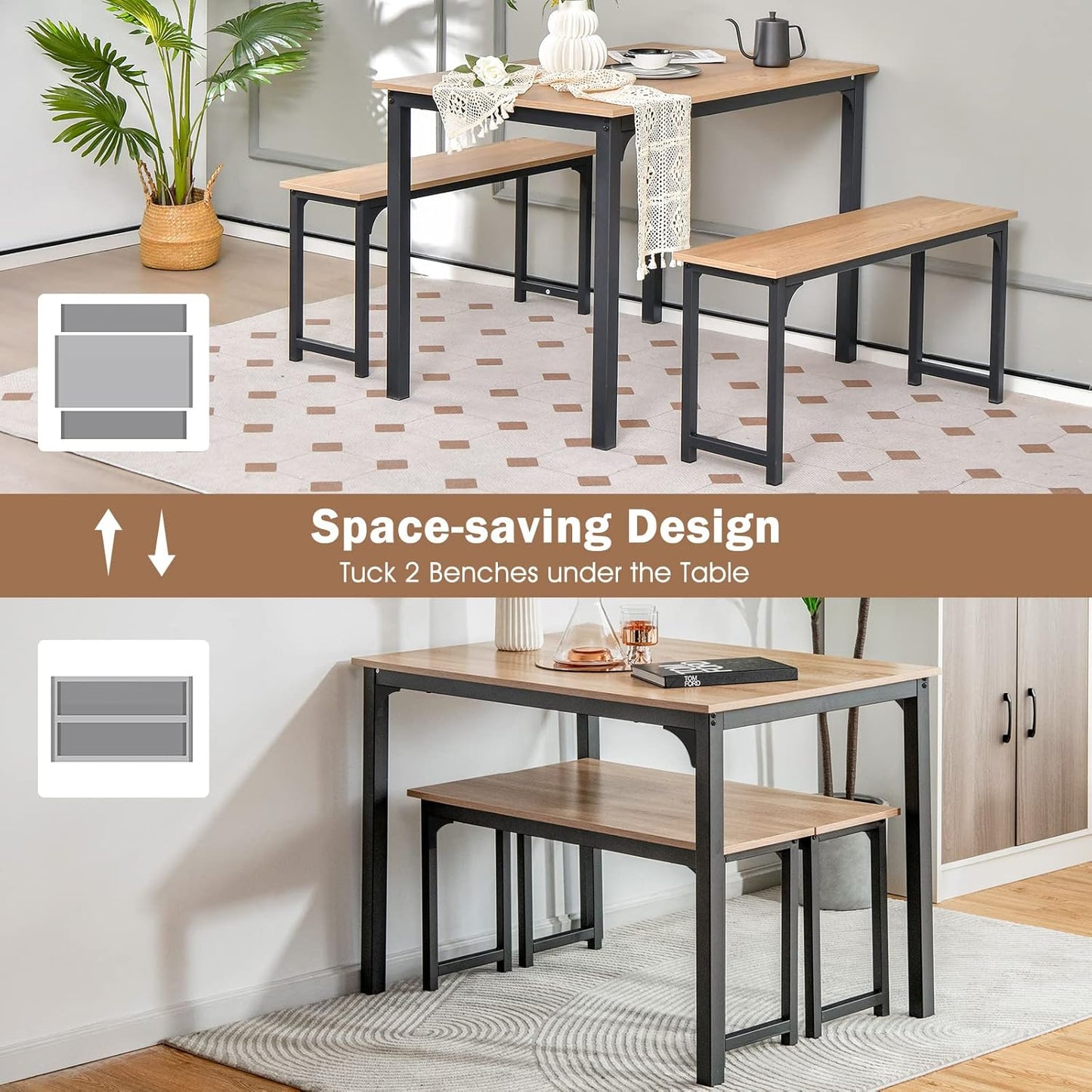 3 PCS Dining Table Set for 4, Rectangular Kitchen Table with 2 Benches, Industrial Counter Height Table Set with Anti-Slip Pads, Heavy Duty Steel Frame for Dining Room, Kitchen, Bar (Natural)