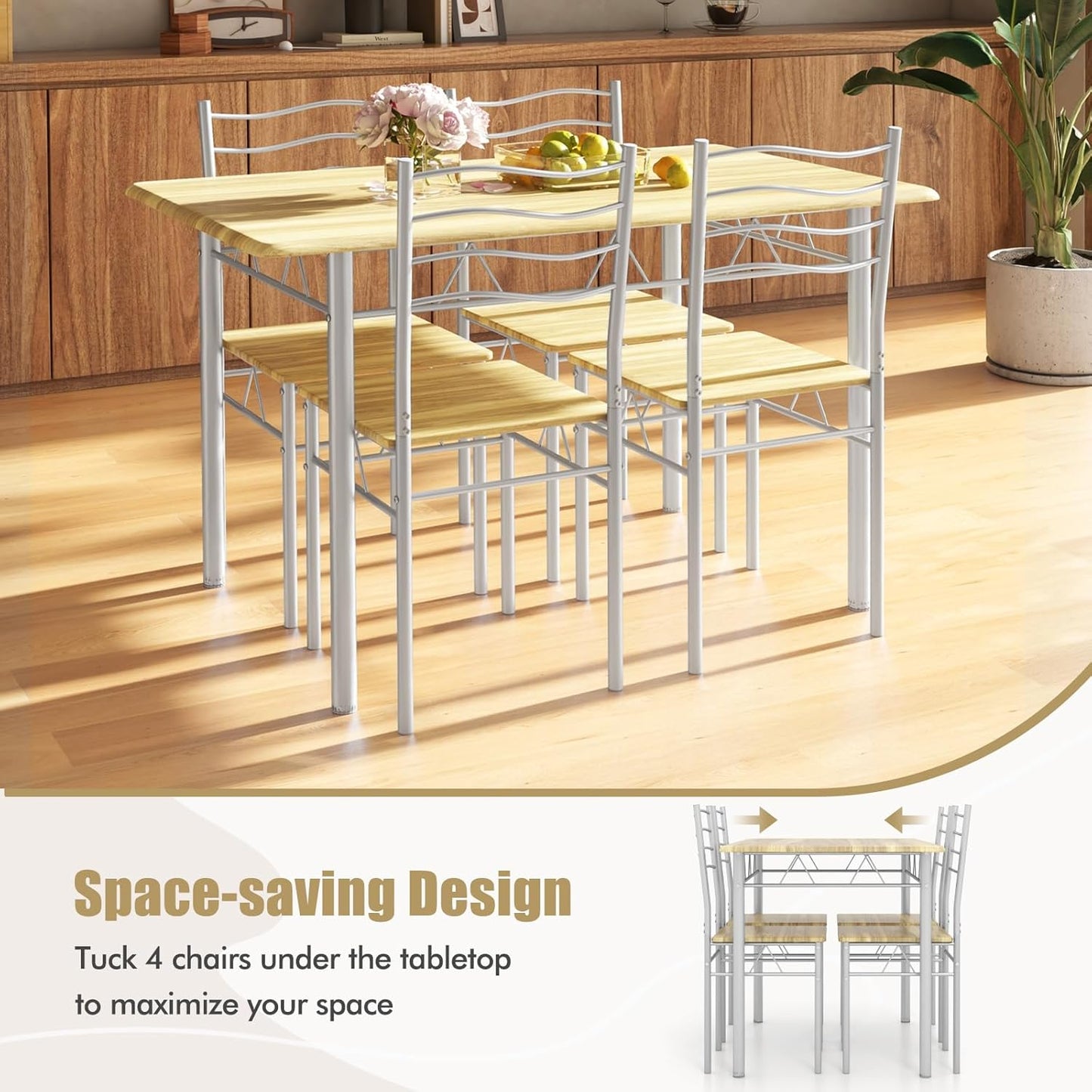 Dining Table Set for 4, 5-Piece Kitchen Table Chairs Set of 4, Breakfast Nook with Kitchen Table, 4 Dining Chairs, Metal Frame, Space-Saving Dinette Table Set for 4, Small Space (Natural)
