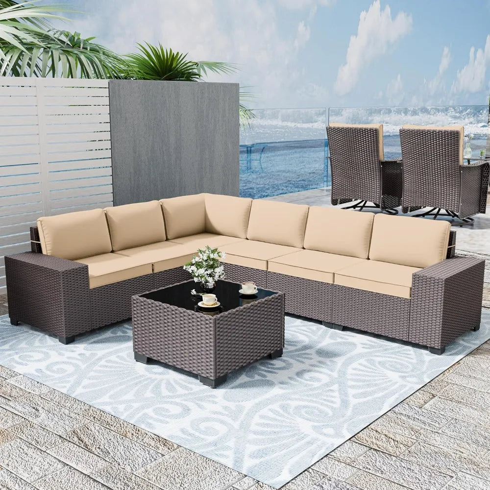 7-Pcs wicker sectional sofa set with beige cushions on a patio.