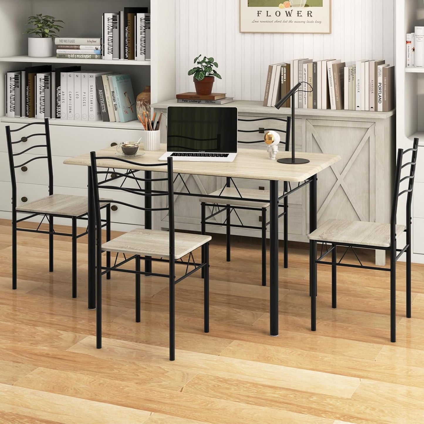 Dining Table Set for 4, 5-Piece Kitchen Table Chairs Set of 4, Breakfast Nook with Kitchen Table, 4 Dining Chairs, Metal Frame, Space-Saving Dinette Table Set for 4, Small Space, Apartment