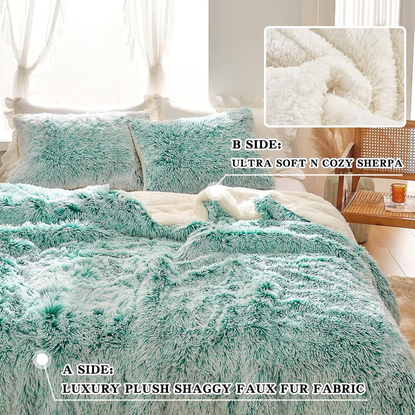 3-Piece Plush Shaggy Comforter Set, King Size Luxury Faux Fur Sherpa Reversible Bedding Comforter Set, Ultra Cozy Warm Fluffy Bedding Set for Winter (Aqua Green N White, 100X88 Inches)