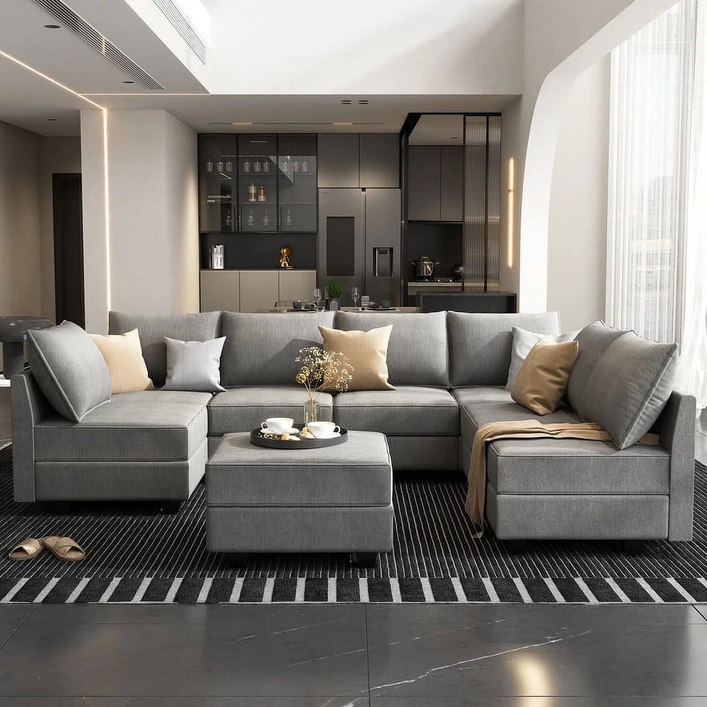 Modern grey living room furniture sofa set with storage ottomans, U-shaped design.