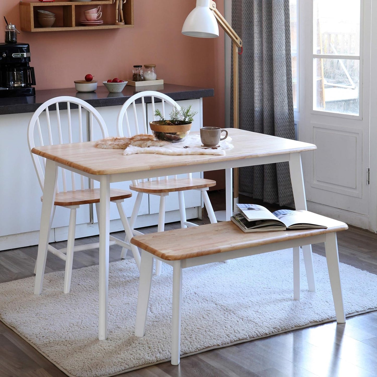 Canberra 47.2" Rectangular Wooden Dining Table/Mid Century Modern Malaysian Oak Kitchen Table (Natural-White) Table Only