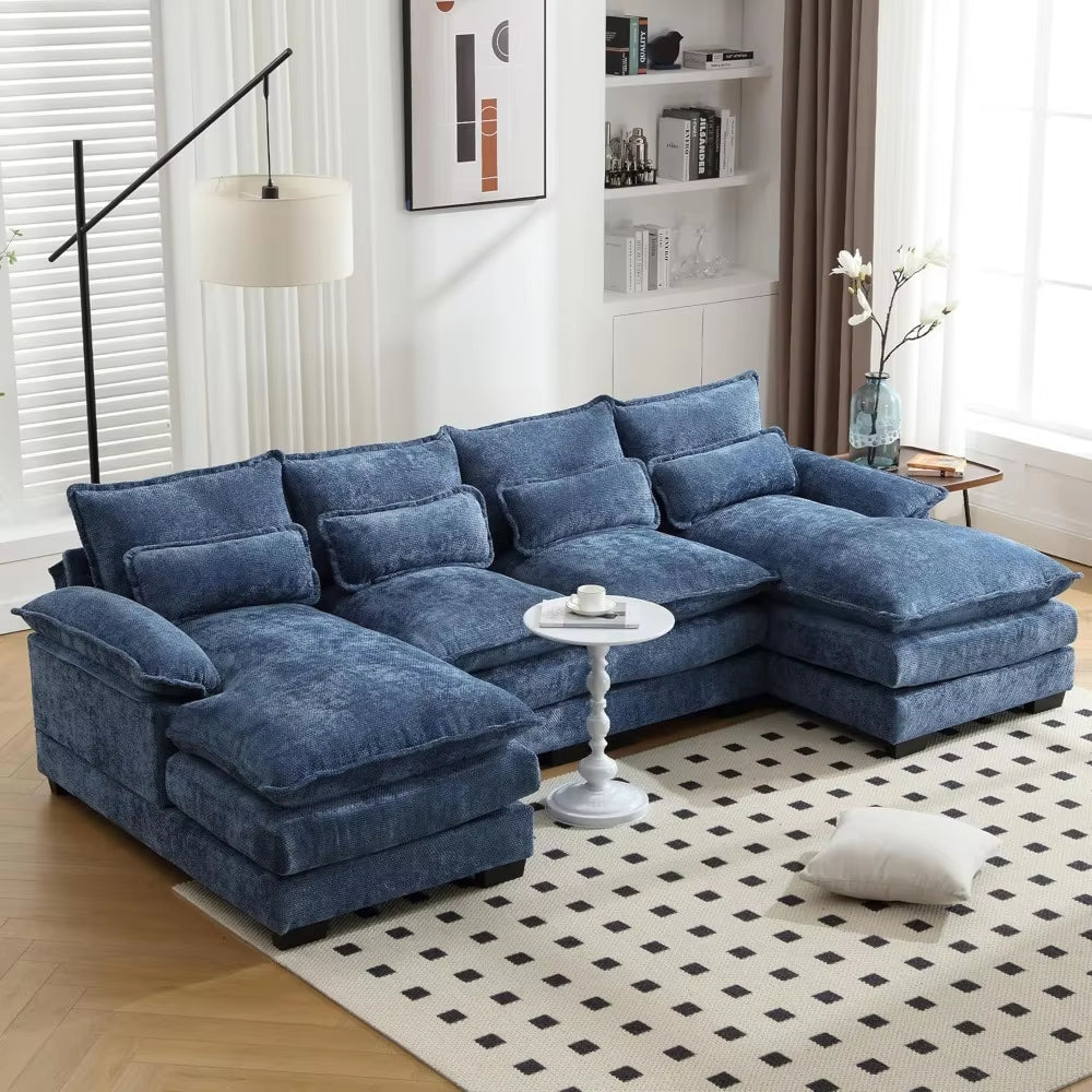 110" modern chenille U shaped sectional sofa couch in living room setting.
