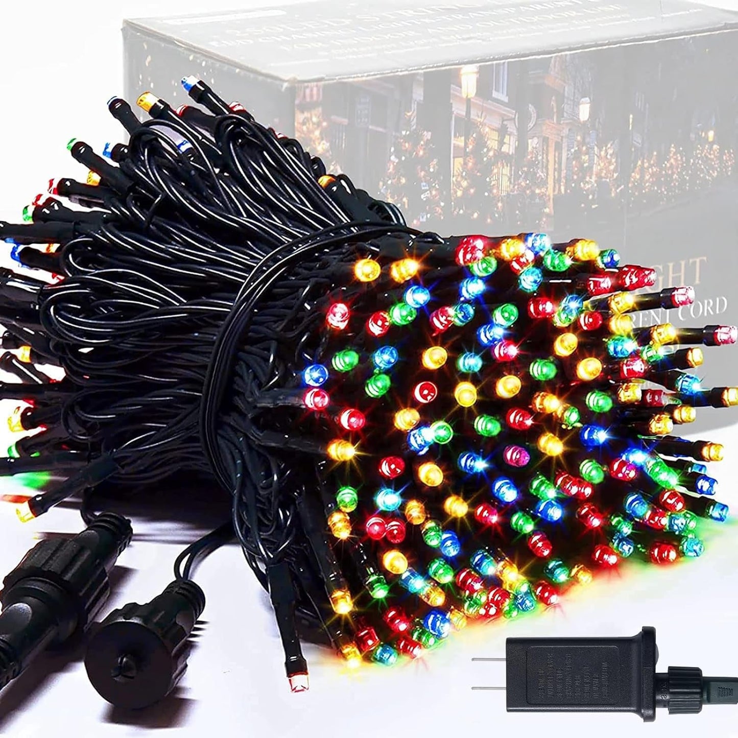 250 LED multicolor Christmas lights on green wire with 8 modes for indoor and outdoor decoration.