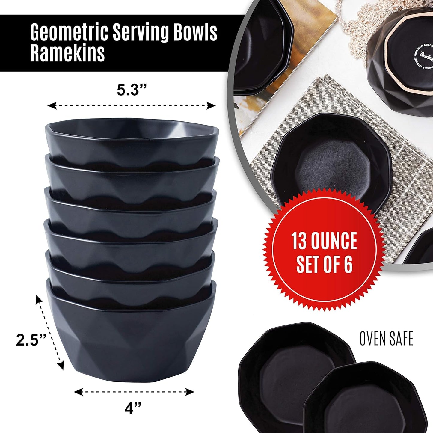 Geometric Ceramic Bowls - Oven to Table Bakeware Bowls - Elegant 60 Oz Matte Serving Bowls for Soup, Cereal, Salads, Pasta, Dessert & Snack Bowls - Oven Safe Bake and Serve Bowls (Black)