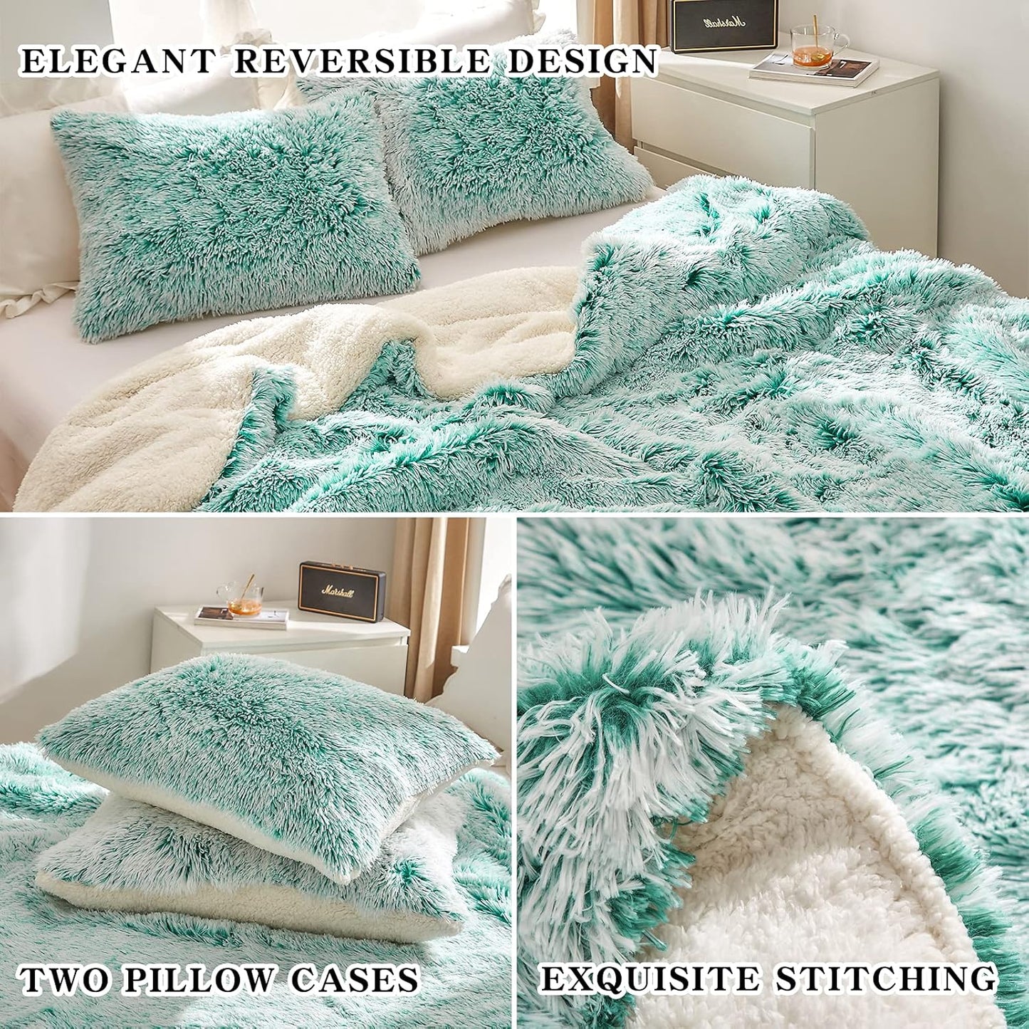3-Piece Plush Shaggy Comforter Set, King Size Luxury Faux Fur Sherpa Reversible Bedding Comforter Set, Ultra Cozy Warm Fluffy Bedding Set for Winter (Aqua Green N White, 100X88 Inches)