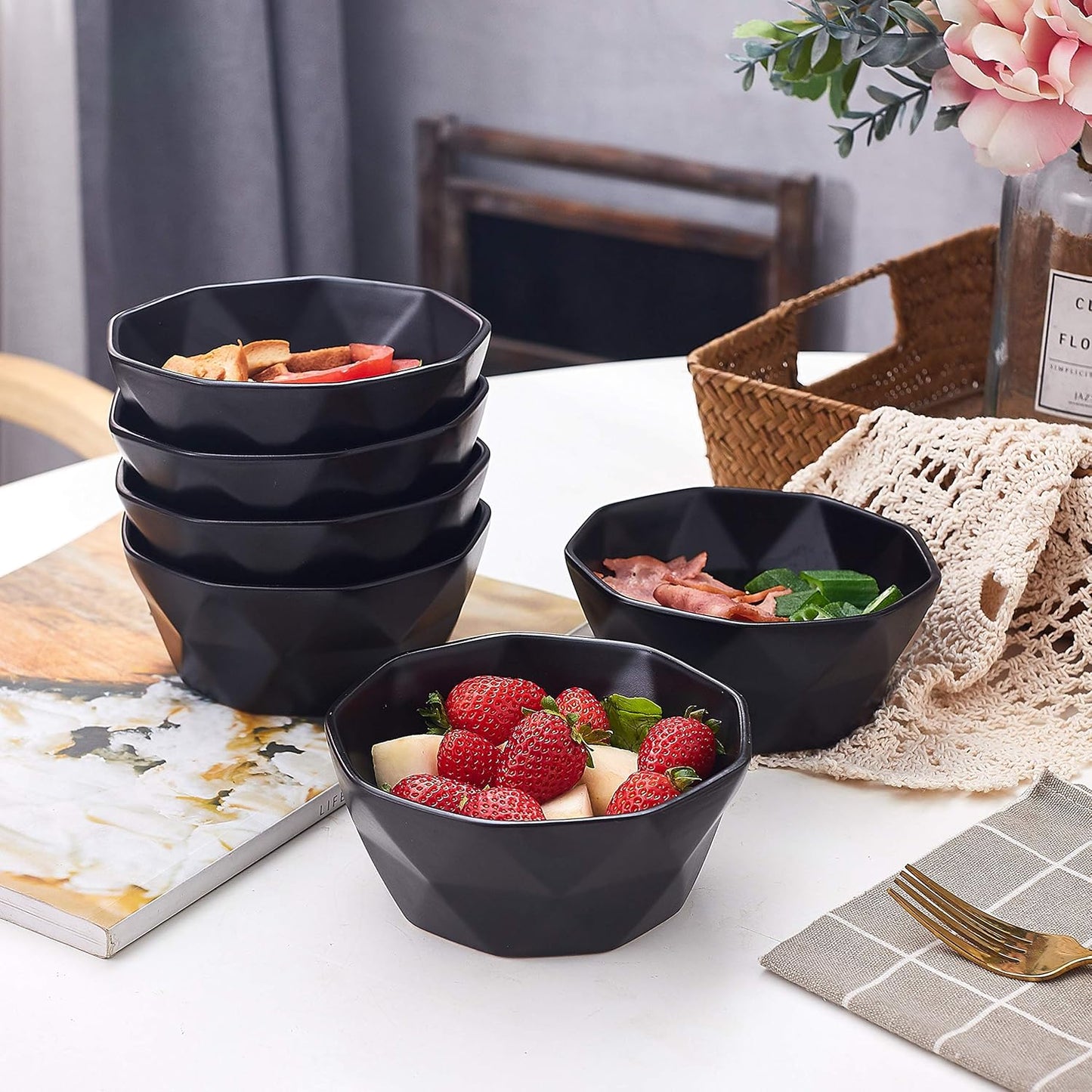 Geometric Ceramic Bowls - Oven to Table Bakeware Bowls - Elegant 60 Oz Matte Serving Bowls for Soup, Cereal, Salads, Pasta, Dessert & Snack Bowls - Oven Safe Bake and Serve Bowls (Black)