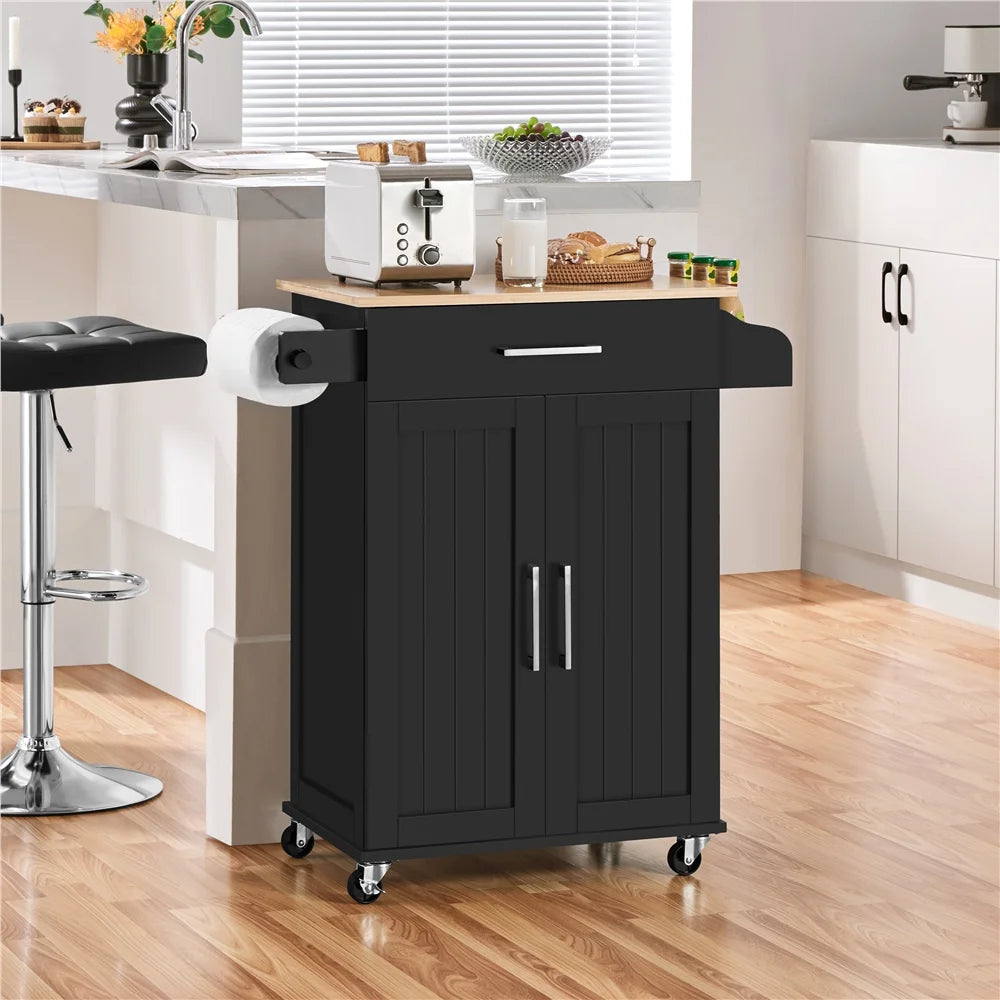 Rolling Kitchen Storage Carts with Towel Rack, MDF Black, 23.6 In