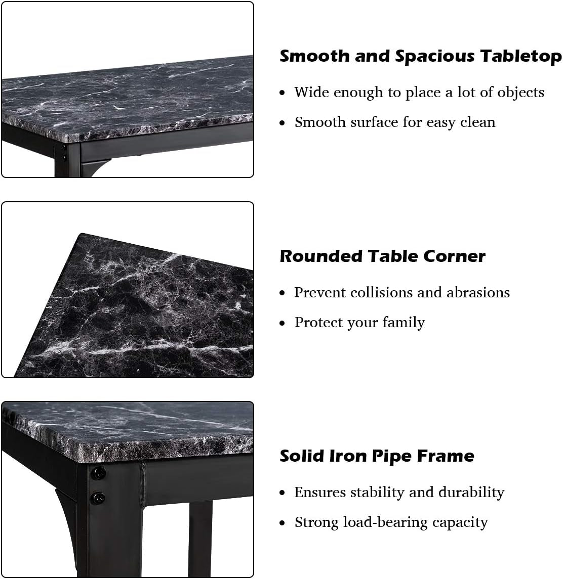 3 Pcs Dining Table and Chairs Set with Faux Marble Tabletop 2 Chairs Contemporary Dining Table Set for Home or Hotel Dining Room, Kitchen or Bar (Black)