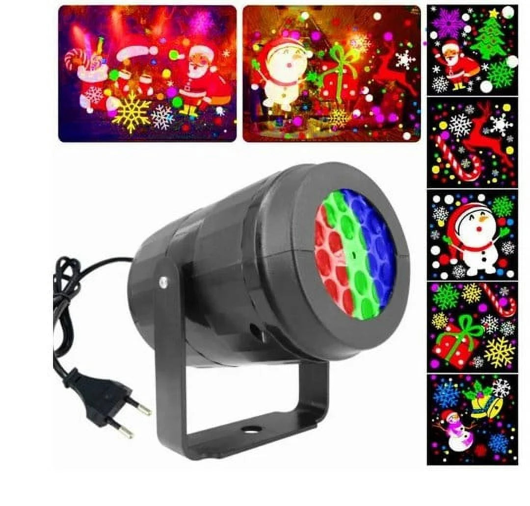 Outdoor Christmas laser snow projector lights with rotation, waterproof, displaying Christmas patterns like Santa, snowman, and gifts.