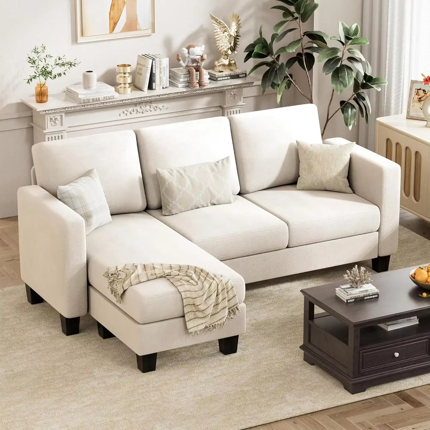 Convertible 3 seat sectional sofa couch with linen fabric and movable ottoman in a living room setting.