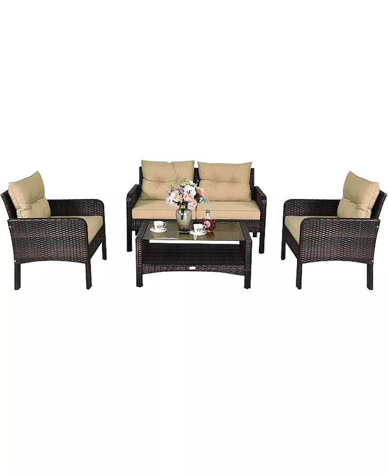 4PCS Rattan Patio Furniture Set with Loveseat Sofa Chairs Coffee Table