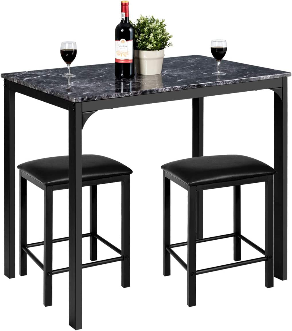 3 pcs dining table and chairs set with black faux marble tabletop and faux leather stools.