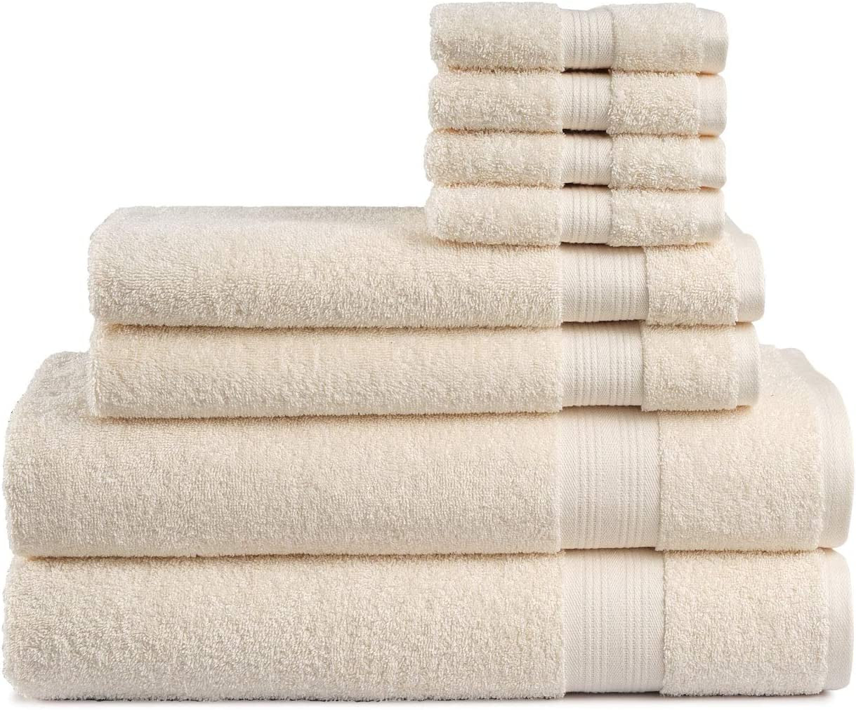600 GSM ivory towel set, 8 pieces, 100% cotton, includes 2 bath towels, 2 hand towels, and 4 washcloths, luxury hotel and spa quality.