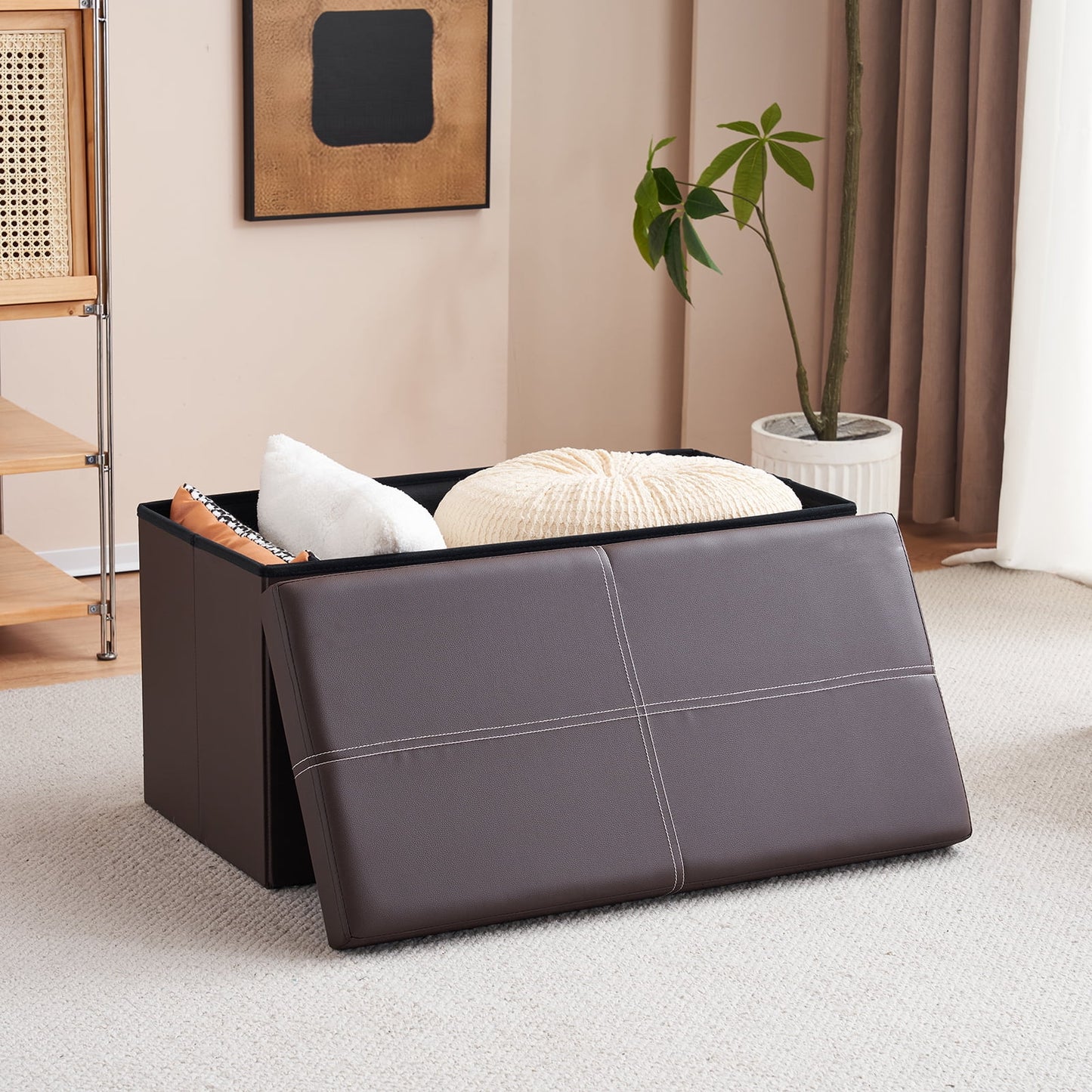 Folding Storage Ottoman Bench,Storage Chest Footrest Coffee Table Padded Seat,Footstool for Home Brown