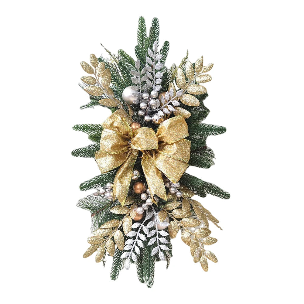 Christmas wreath garland with gold bows and foliage for festive door and window decoration.