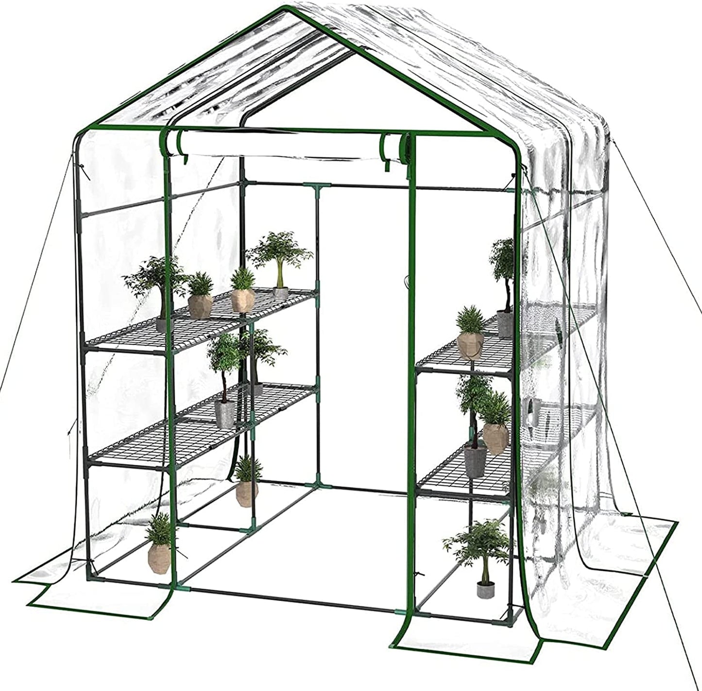 Portable greenhouse with transparent cover, 8 shelves, and walk-in design for indoor and outdoor use.