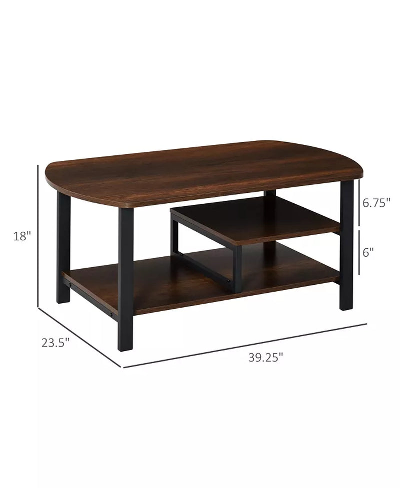 Vintage Industrial Coffee Table with Under-Top Storage Shelves and Rounded Corners, Dark Wood Color