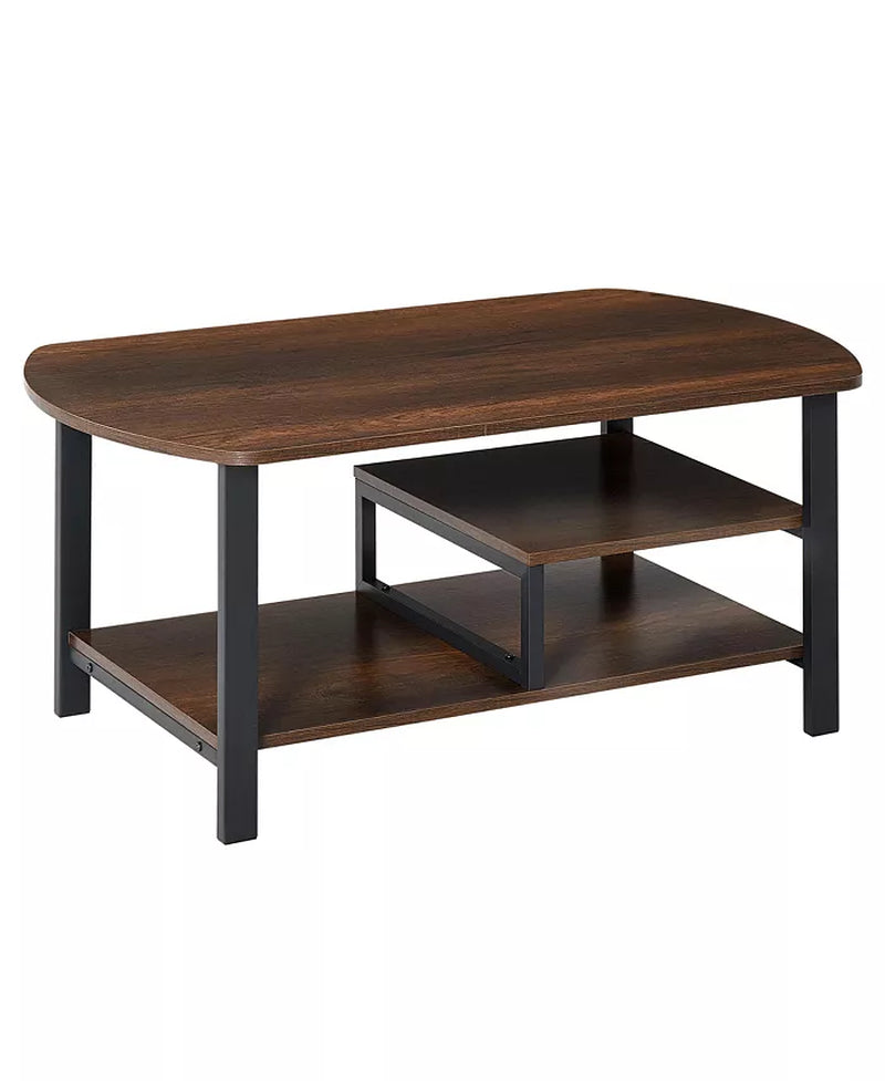 Vintage industrial coffee table with rounded corners and dark wood finish, featuring under-top storage shelves.