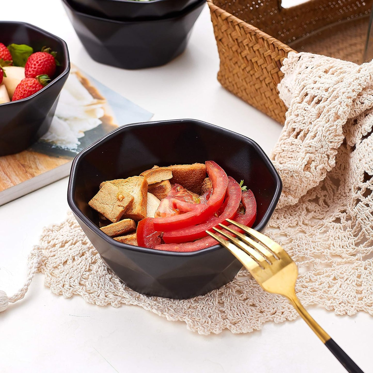Geometric Ceramic Bowls - Oven to Table Bakeware Bowls - Elegant 60 Oz Matte Serving Bowls for Soup, Cereal, Salads, Pasta, Dessert & Snack Bowls - Oven Safe Bake and Serve Bowls (Black)