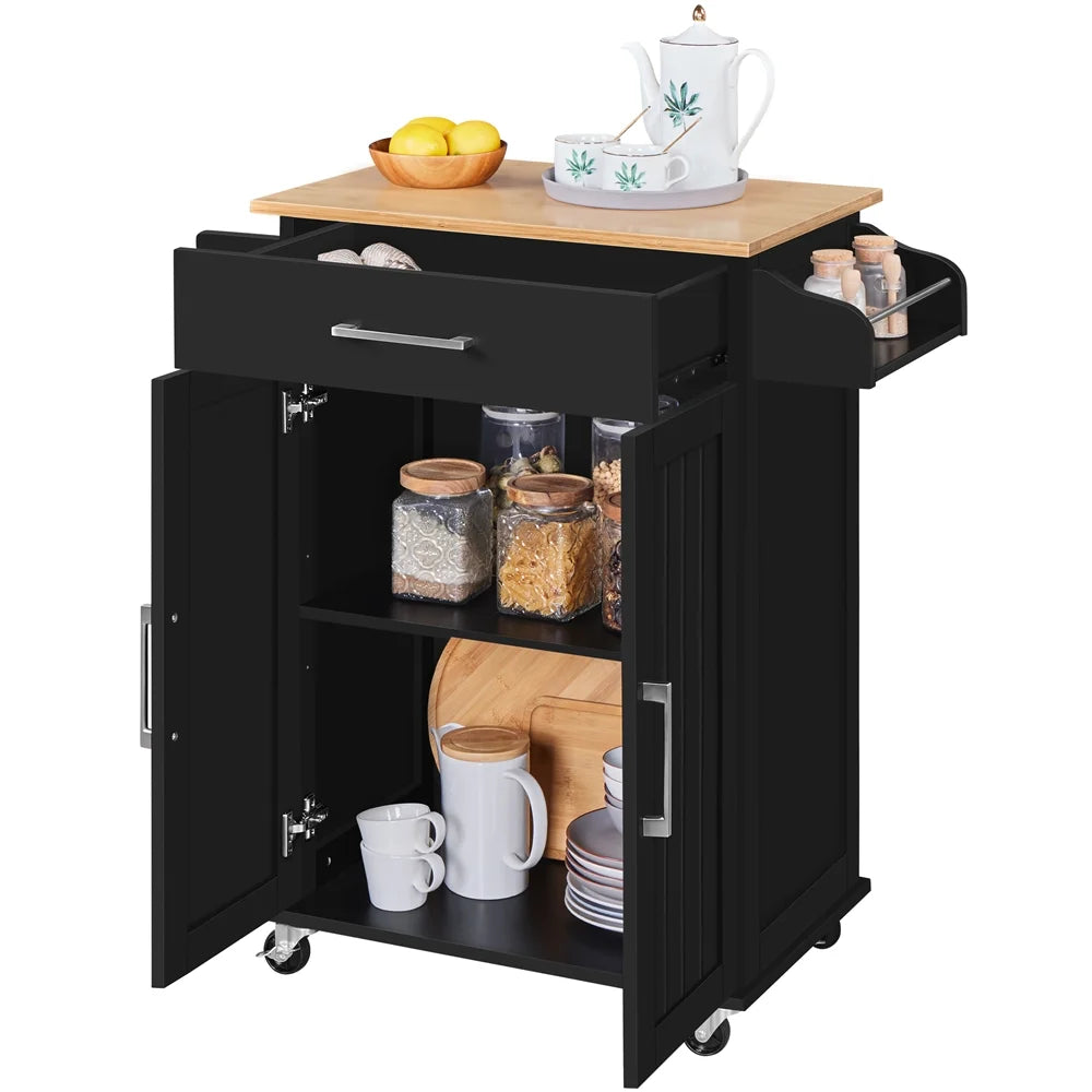 Rolling kitchen storage cart with towel rack, black MDF, adjustable shelf, lockable wheels.