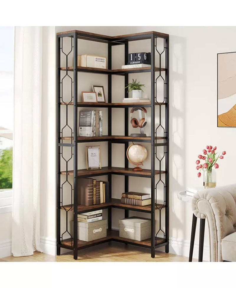 7-Tier Industrial Corner Etagere Bookshelf in living room with decorative items on shelves.