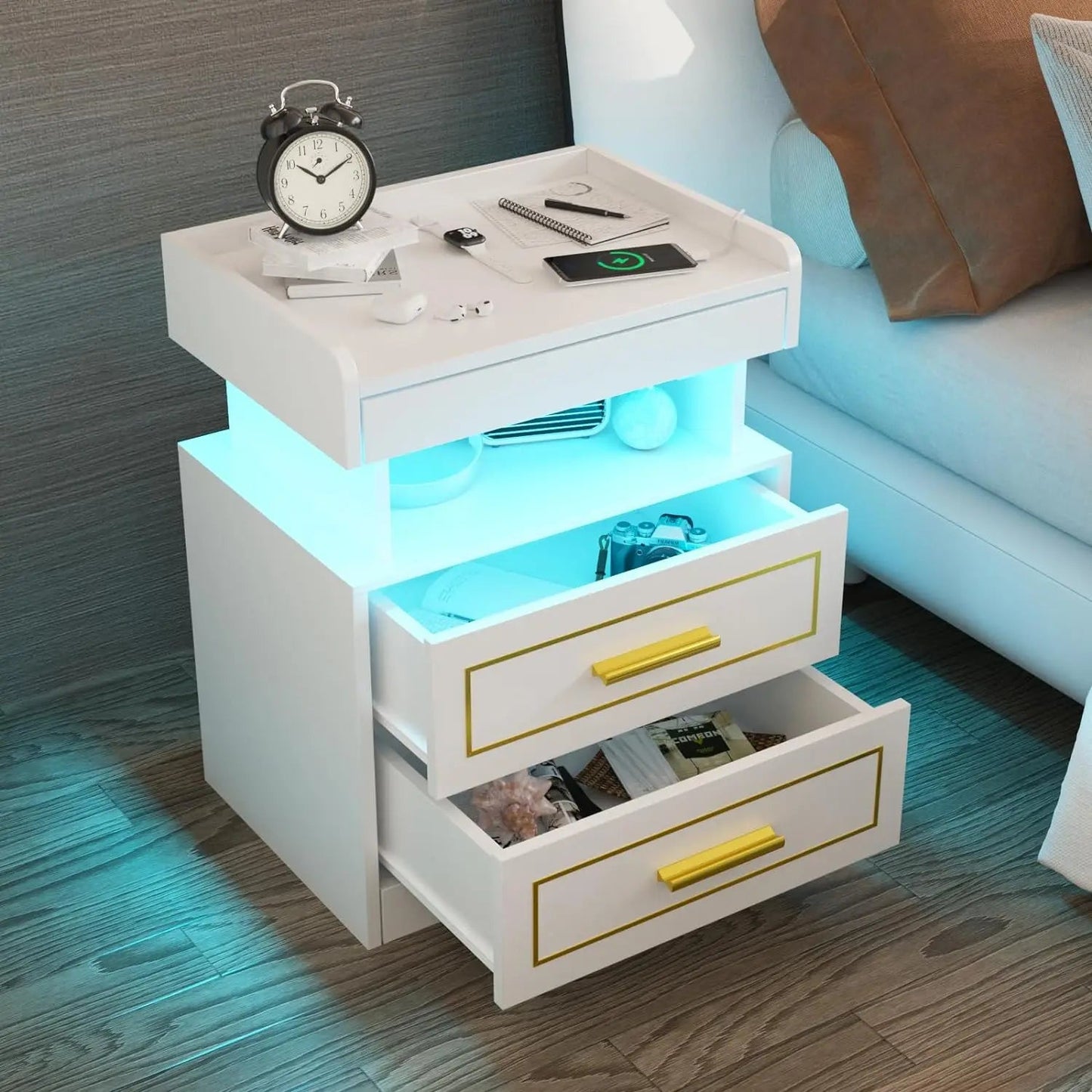 Modern bedside table with 2 drawers, charging station, and RGB LED lighting.