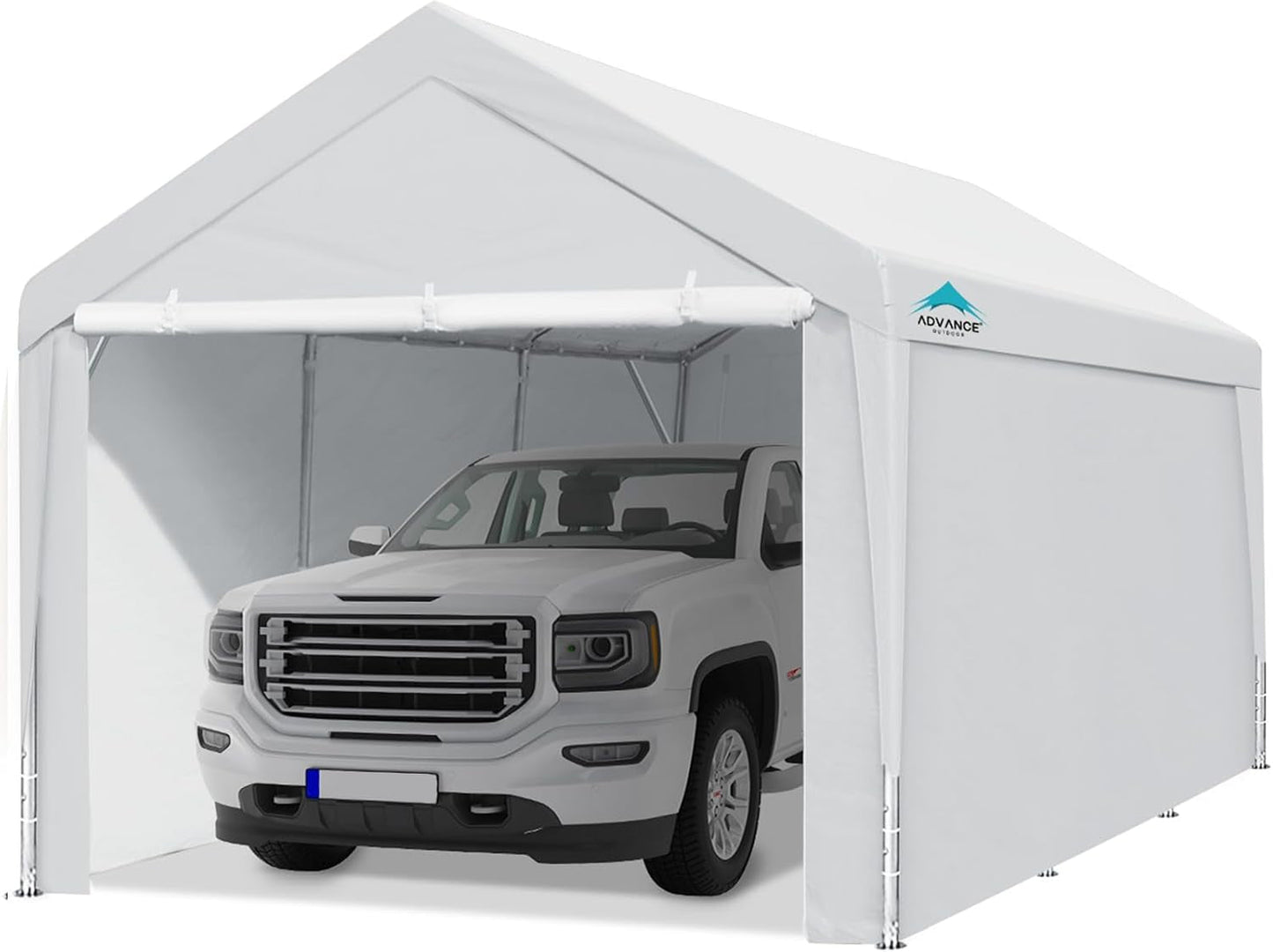 12x20 ft white canopy garage carport with adjustable peak height and removable sidewalls.