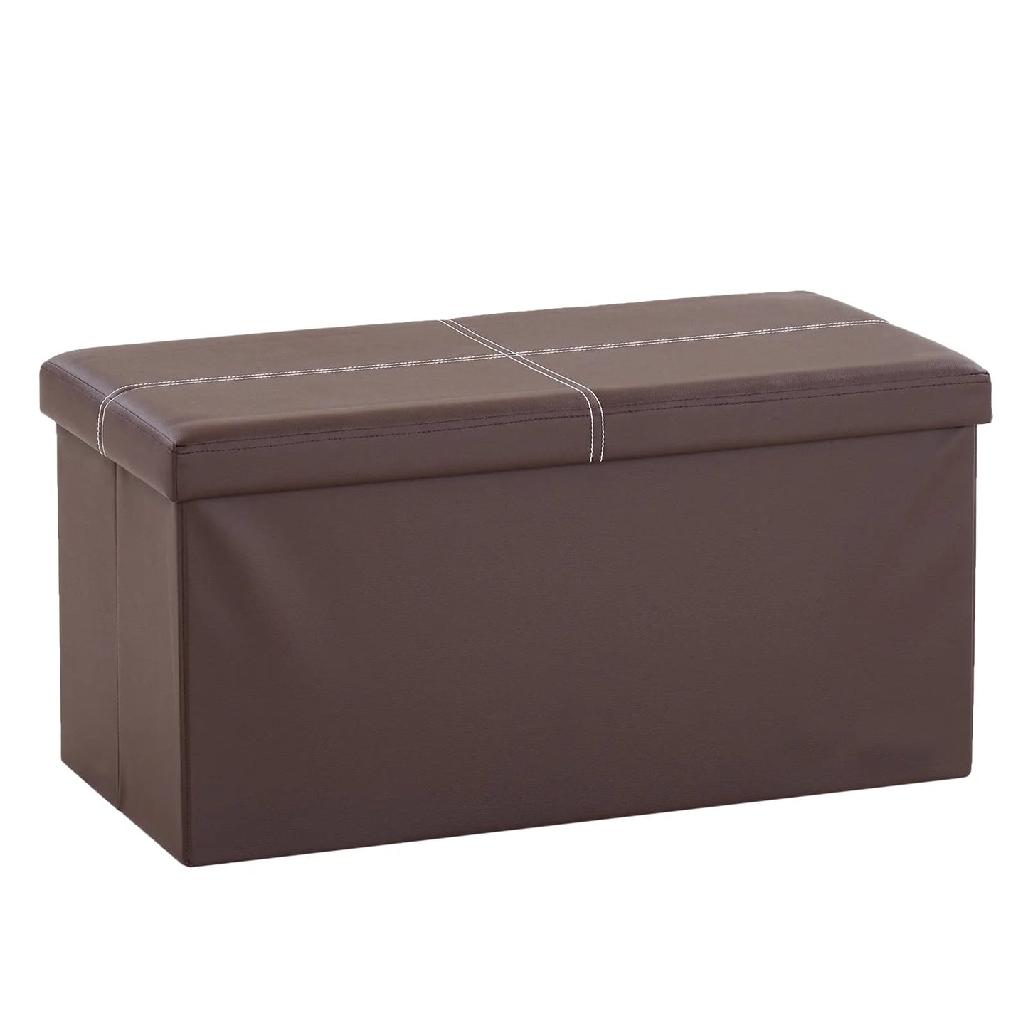 Brown folding storage ottoman bench with padded seat and footrest, ideal as a storage chest, coffee table, or footstool for home use.