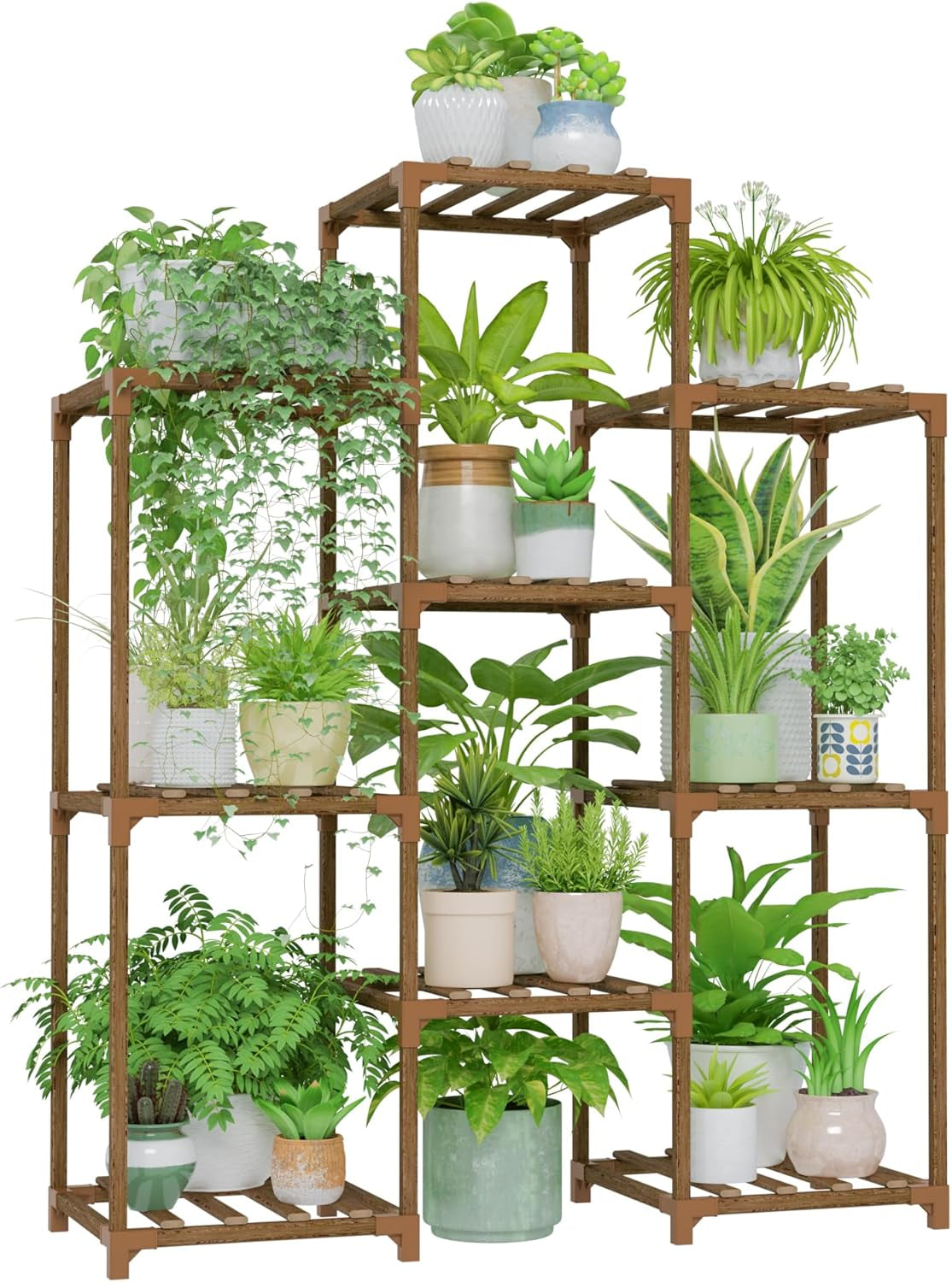 4 Tier Large Boho Plant Stand with multiple plants, suitable for indoor and outdoor use, made of durable eucalyptus wood.