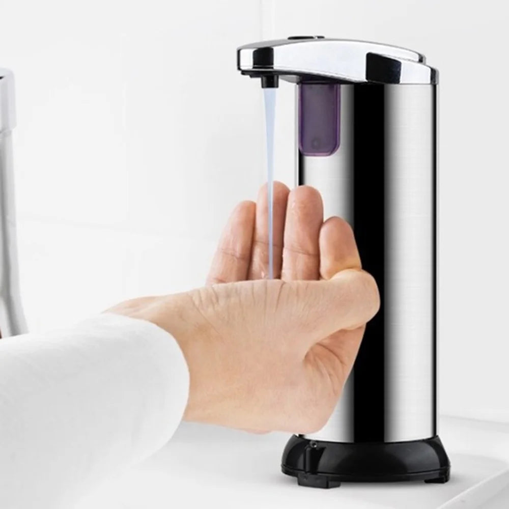 Automatic liquid soap dispenser, touchless, battery operated, stainless steel, silver.