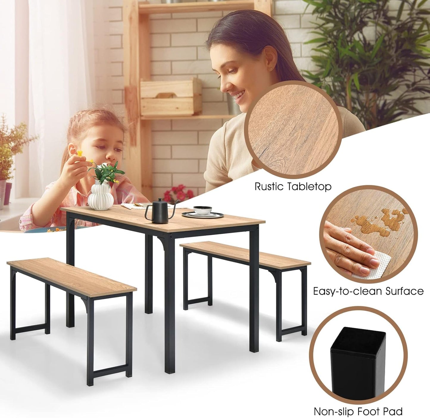 3 PCS Dining Table Set for 4, Rectangular Kitchen Table with 2 Benches, Industrial Counter Height Table Set with Anti-Slip Pads, Heavy Duty Steel Frame for Dining Room, Kitchen, Bar (Natural)