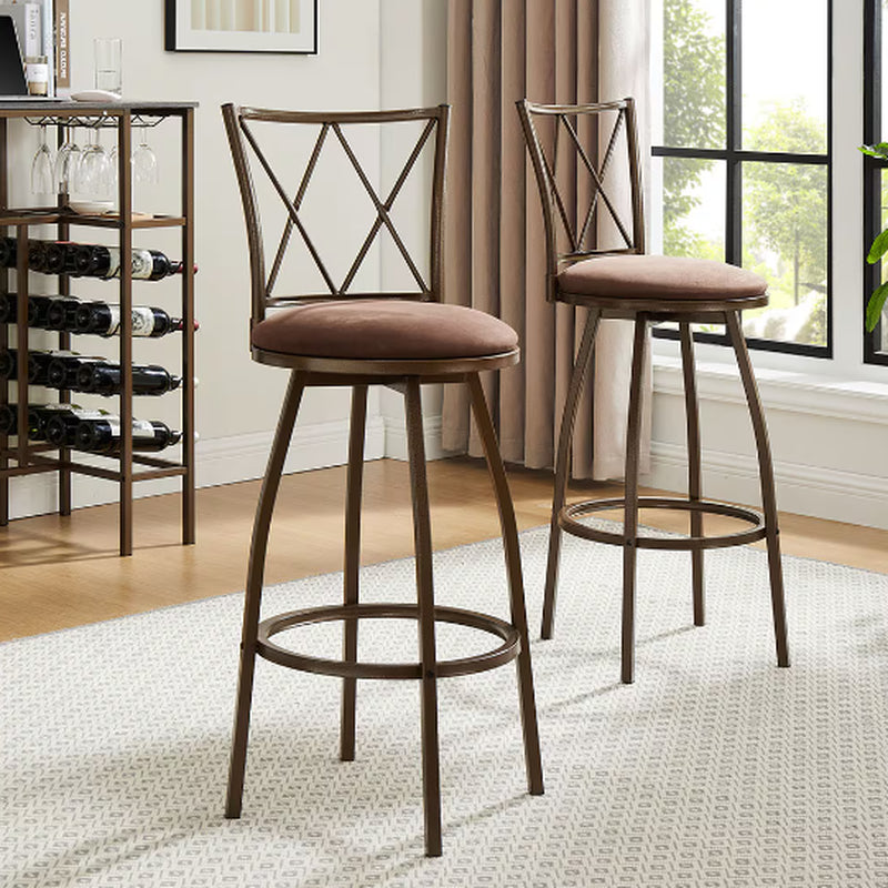 2 Piece Country Style Industrial Bar Stools in kitchen setting with brown seats and black-finished legs.