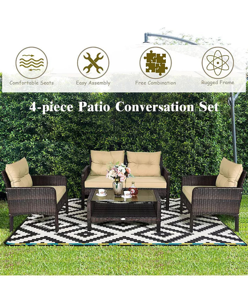 4PCS Rattan Patio Furniture Set with Loveseat Sofa Chairs Coffee Table