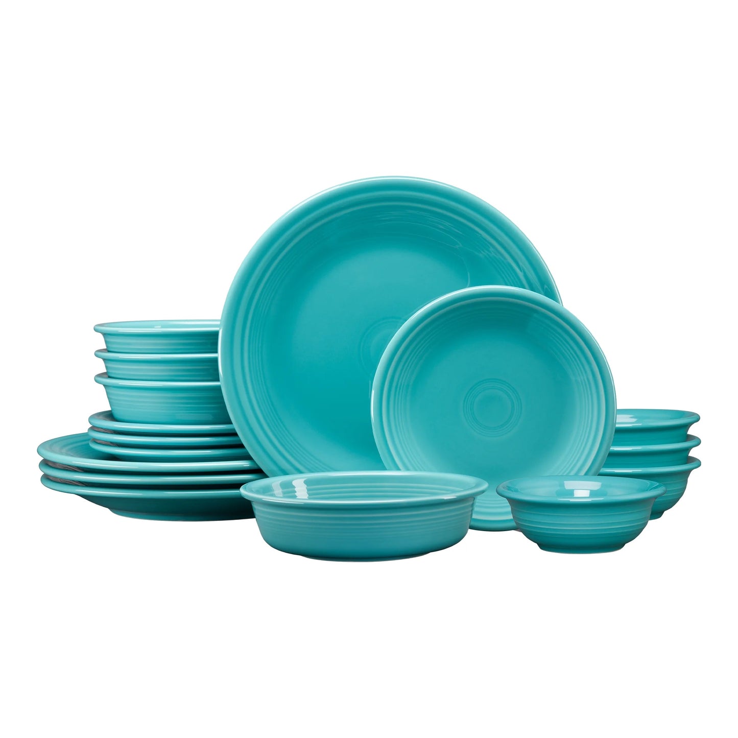 Classic 16Pc Ceramic Dinnerware Set in Turquoise, featuring medium bowls, salad plates, dinner plates, and fruit/salsa bowls, made in the USA.