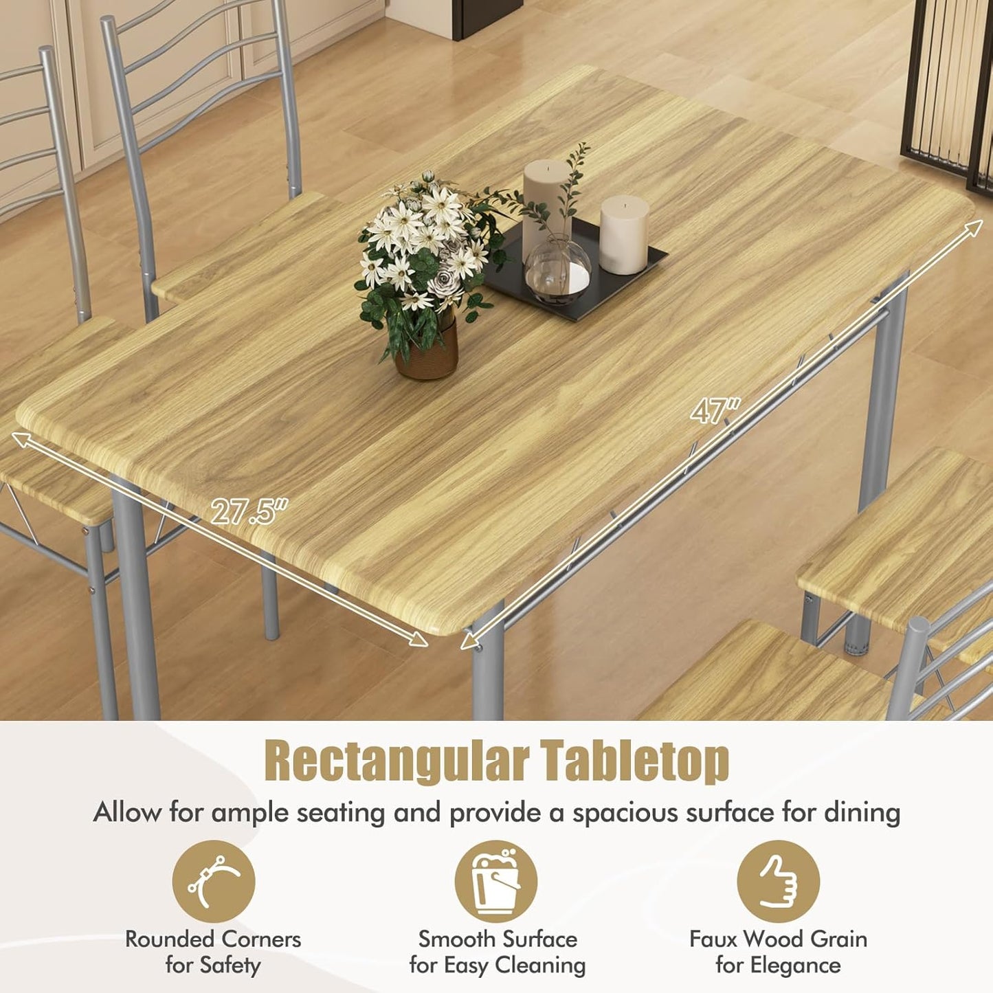 Dining Table Set for 4, 5-Piece Kitchen Table Chairs Set of 4, Breakfast Nook with Kitchen Table, 4 Dining Chairs, Metal Frame, Space-Saving Dinette Table Set for 4, Small Space (Natural)