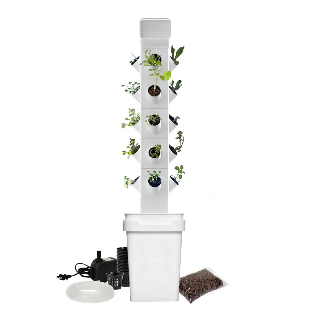 Vertical hydroponic garden tower system for indoor and outdoor use, featuring a self-watering irrigation system and space-saving design.