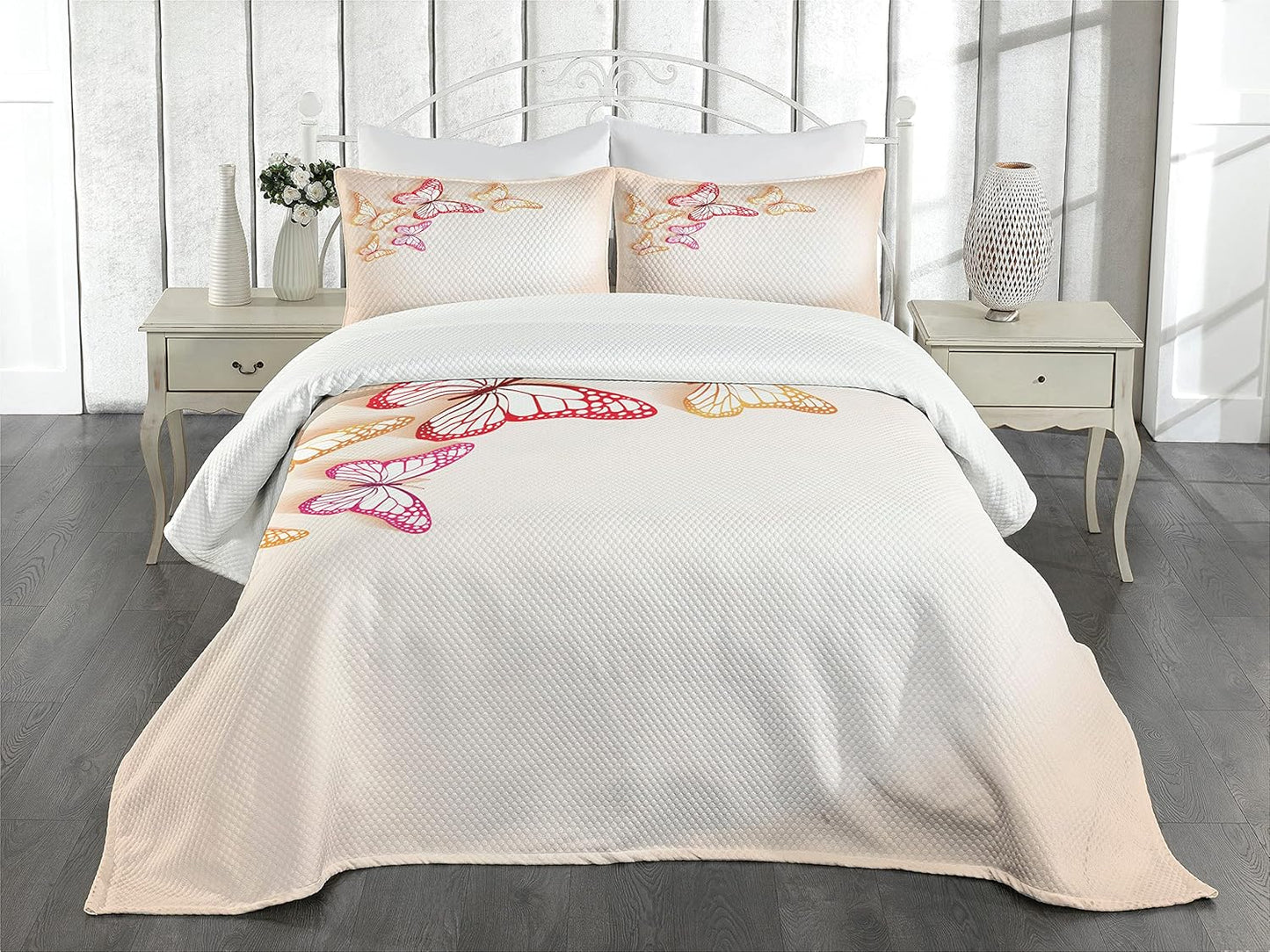 Butterfly Bedspread Set, Paper Cut Image of Colorful Butterflies on Background Nature Themed Art, 3 Piece Decorative Bedding Coverlet and 2 Pillow Shams, King Size, Yellow Red Beige
